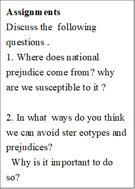 Assignments            Discuss the  following questions .            1. Where does national prejudice come from? why are we susceptible to it ?            2. In what ways do you think we can avoid stereotypes and prejudices?            Why is it important to do so?            